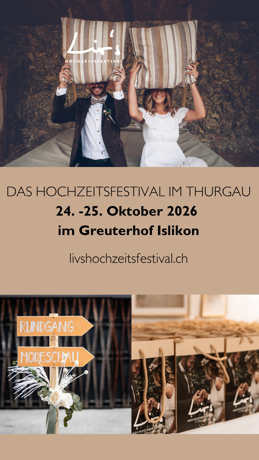 Hochzeitsfestival Thurgau 2026: Brautpaar, Modenschau & Rundgang. Infos: livshochzeitsfestival.ch
